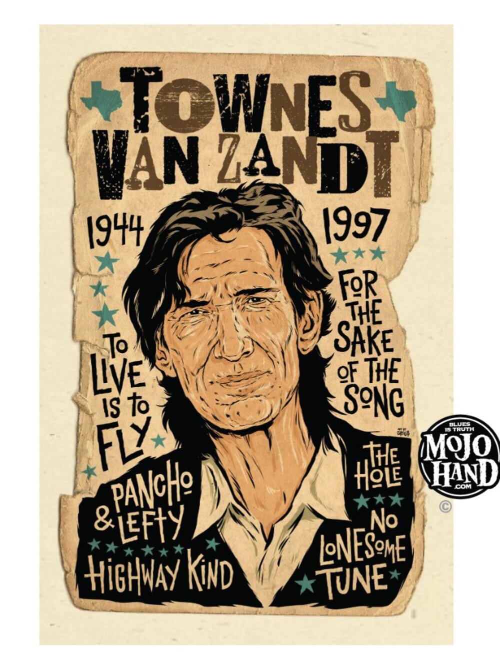 Townes Van Zandt tribute art print -12"x18" signed by the poster designer/artist